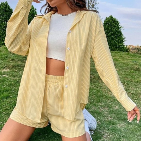 Private Label Tops - YELLOW STRIPED BLOUSE AND SHORTS SET SUMMER STREETWEAR